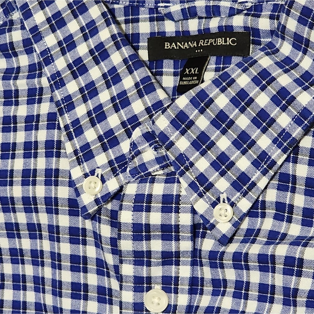 Banana Republic XXL Blue White Gingham Check Cotton Button Down Shirt Long Slv - Picture 5 of 6